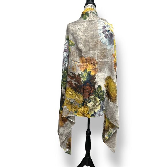 Kollie More Tan Floral Print Long Scarf Wrap Viscose Tan Yellow Green Boho Shawl - Picture 7 of 12